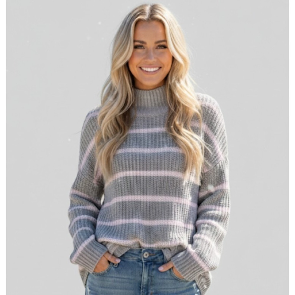 Caslon Shaker Mock Neck Sweater In Grey- Pink Stripe S cozy warm 365